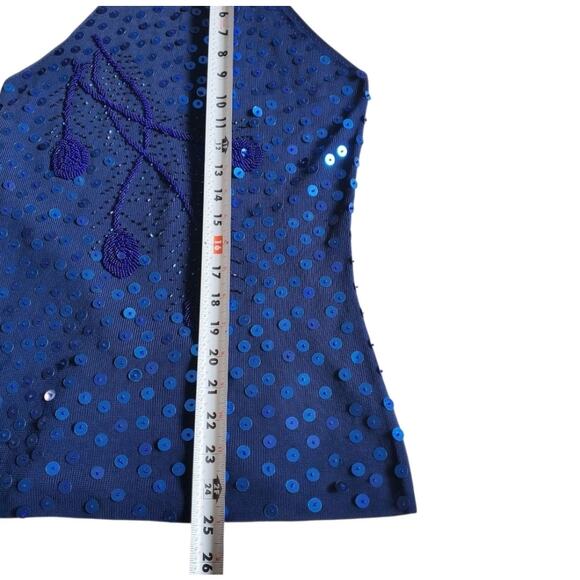 Beaded Sequin Blue High Neck Sleeveless Top - Small - Picture 6 of 7